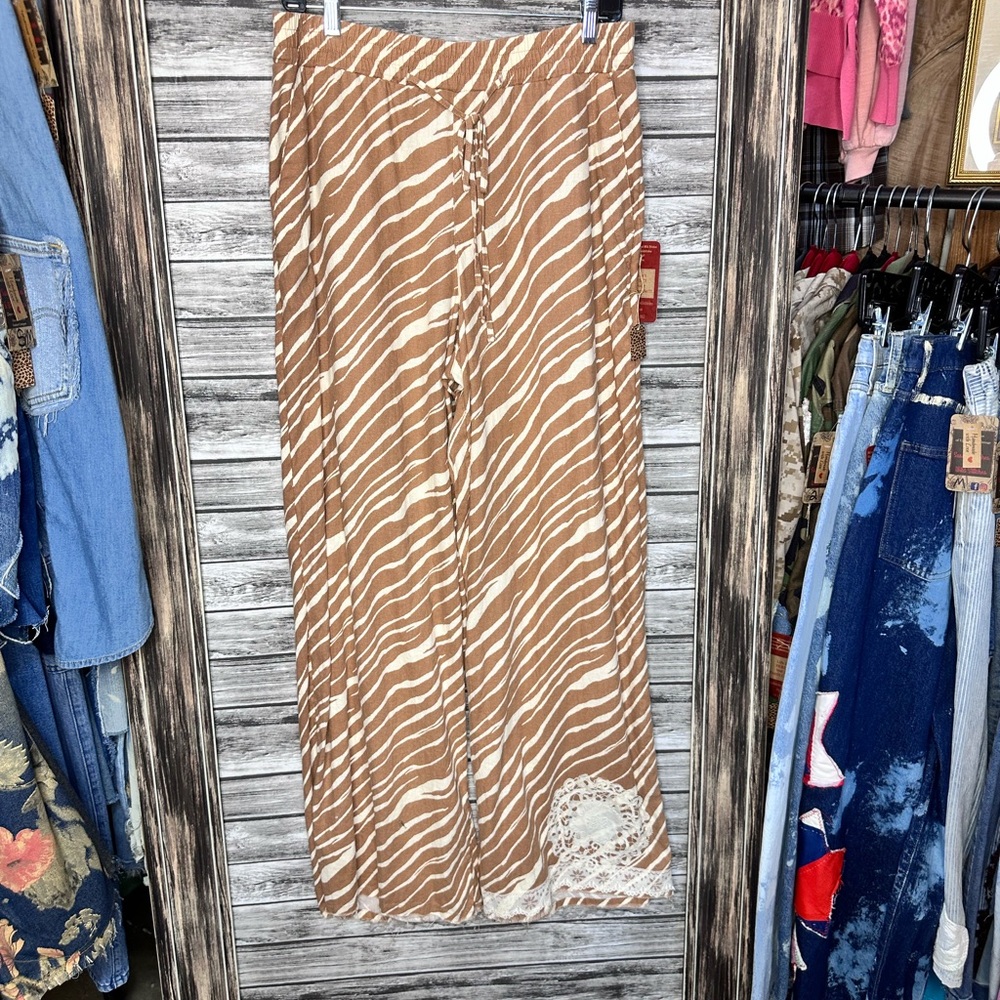Artisan UpCycled Brown Cream Vintage Zebra Print Palazzo wide Leg Pants Boho M